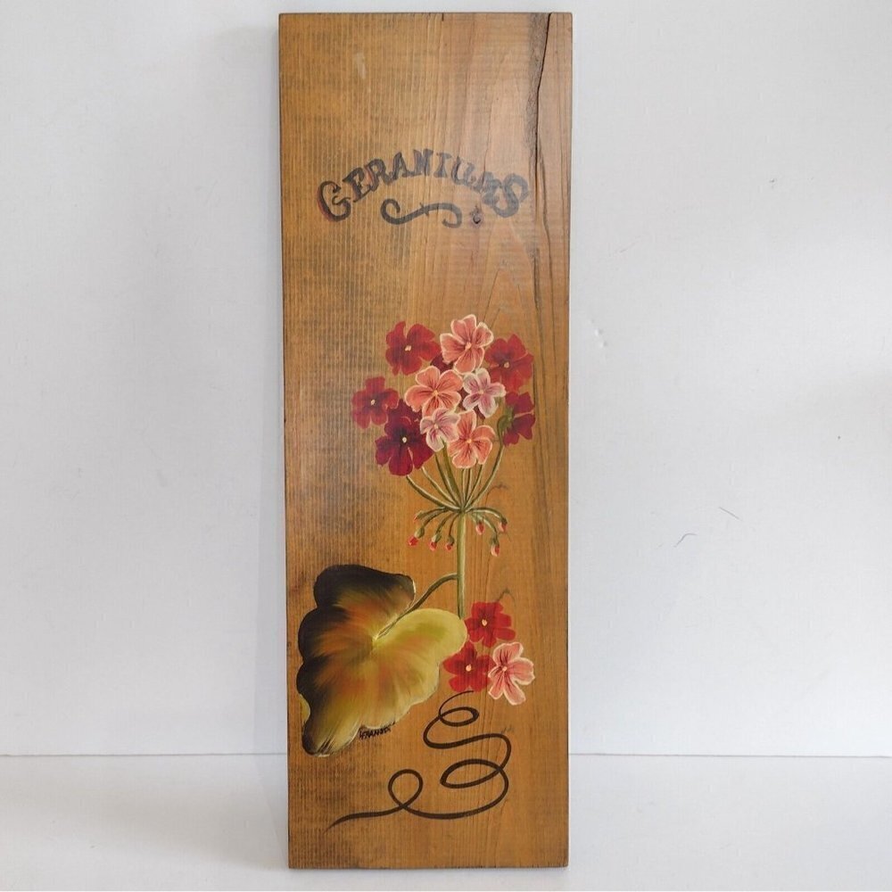 Vintage 70s Signed Fransen Handpainted Wood Board Wall Hanging Geraniums Floral